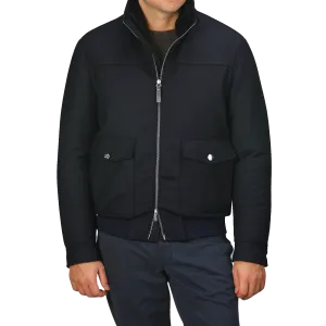Navy Blue Wool Fur Collar Bomber Jacket