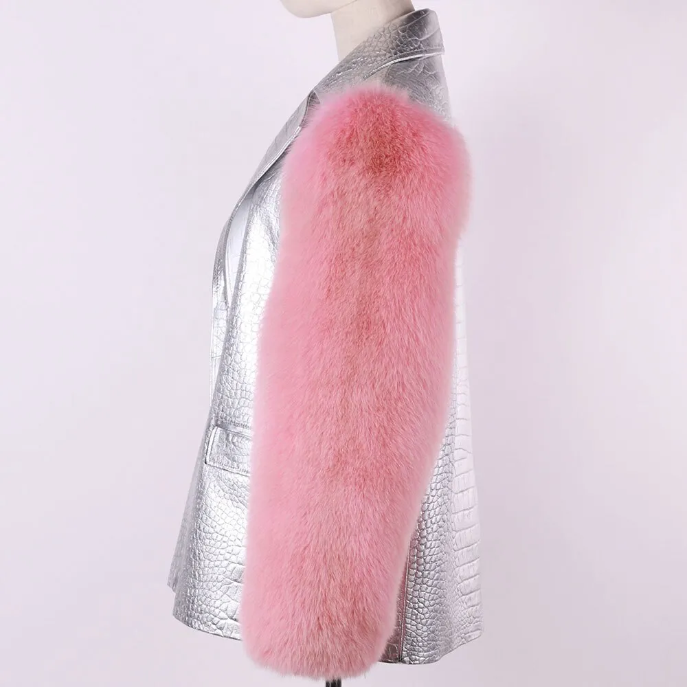 Oversized Real Fox Fur Sleeve Crocodile Pattern Genuine Leather Jacket