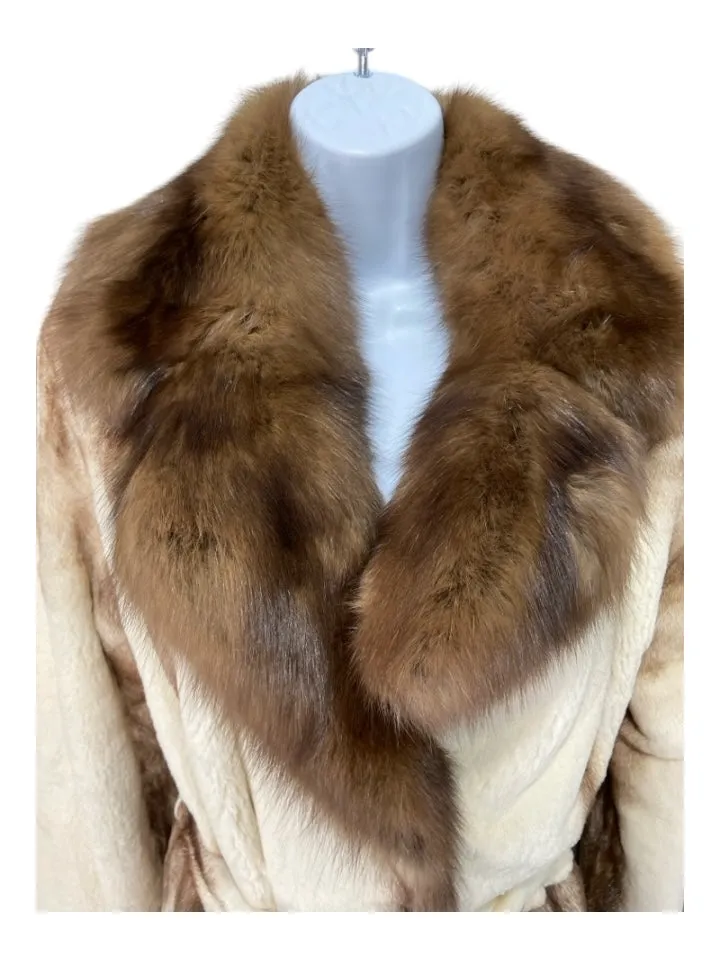 Pelieria Centpo Size 42 Brown & White Sheared Mink Fur Collar Belted Coat