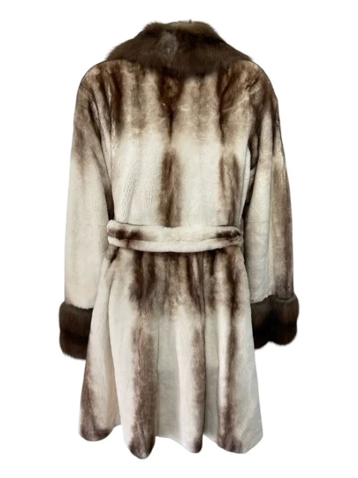 Pelieria Centpo Size 42 Brown & White Sheared Mink Fur Collar Belted Coat