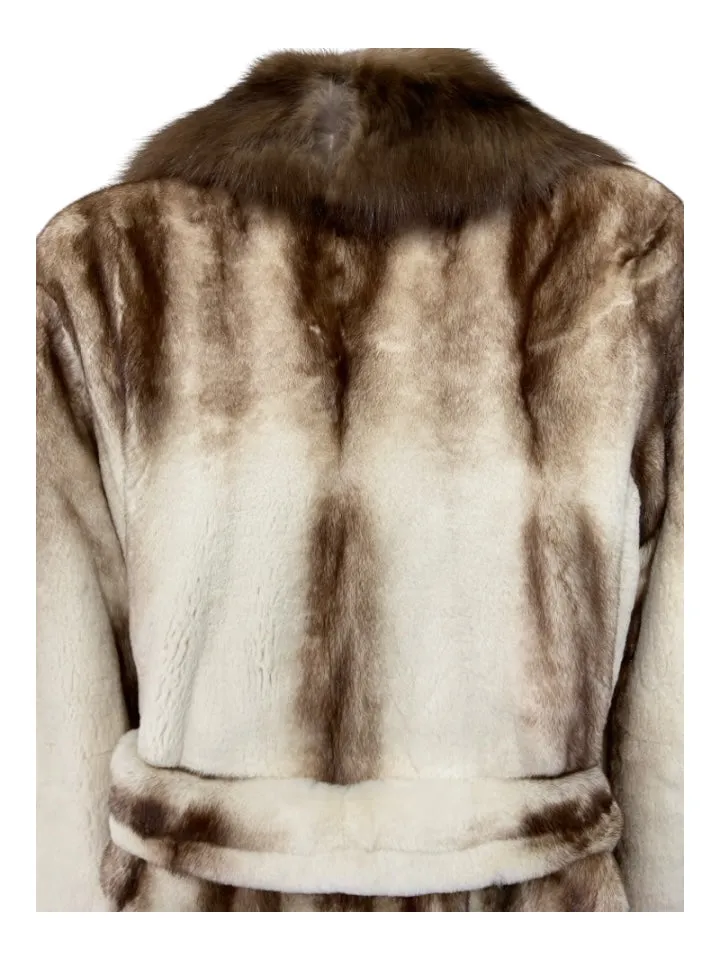 Pelieria Centpo Size 42 Brown & White Sheared Mink Fur Collar Belted Coat