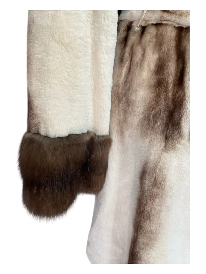 Pelieria Centpo Size 42 Brown & White Sheared Mink Fur Collar Belted Coat
