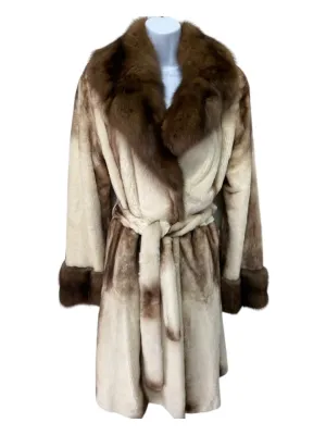 Pelieria Centpo Size 42 Brown & White Sheared Mink Fur Collar Belted Coat