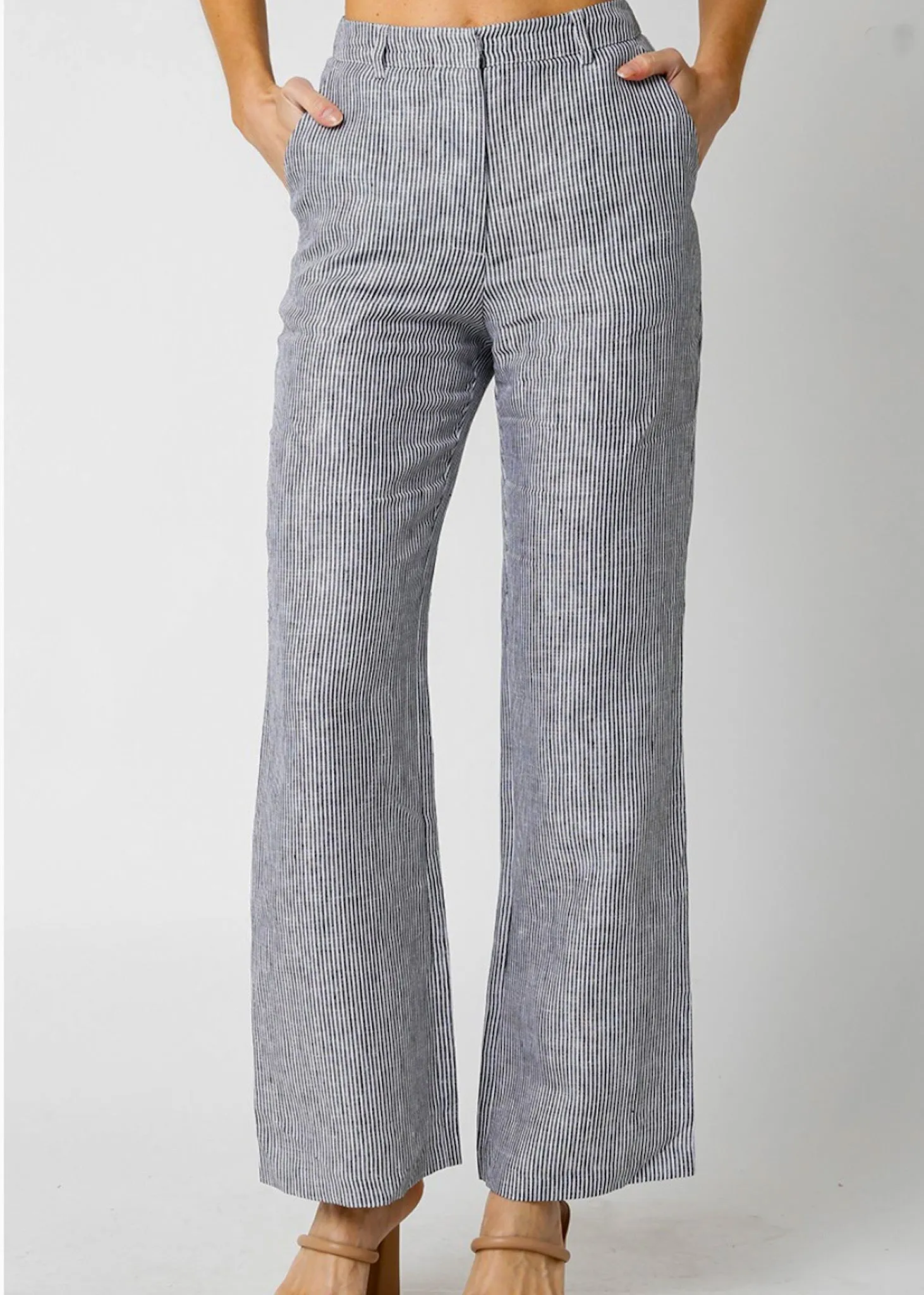 Persephone, Women's, Linen Striped Pants, Black/Beige Stripe