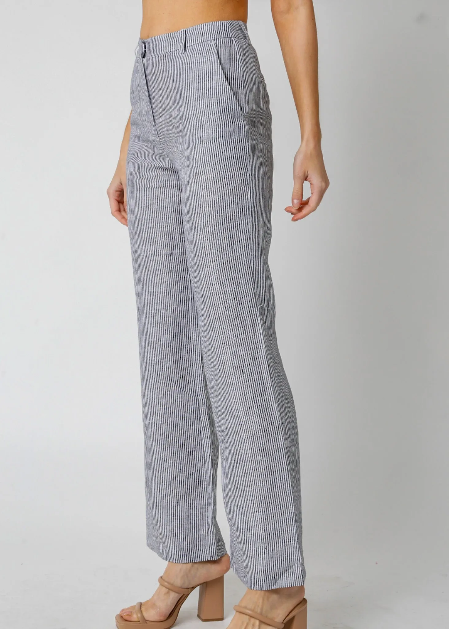 Persephone, Women's, Linen Striped Pants, Black/Beige Stripe