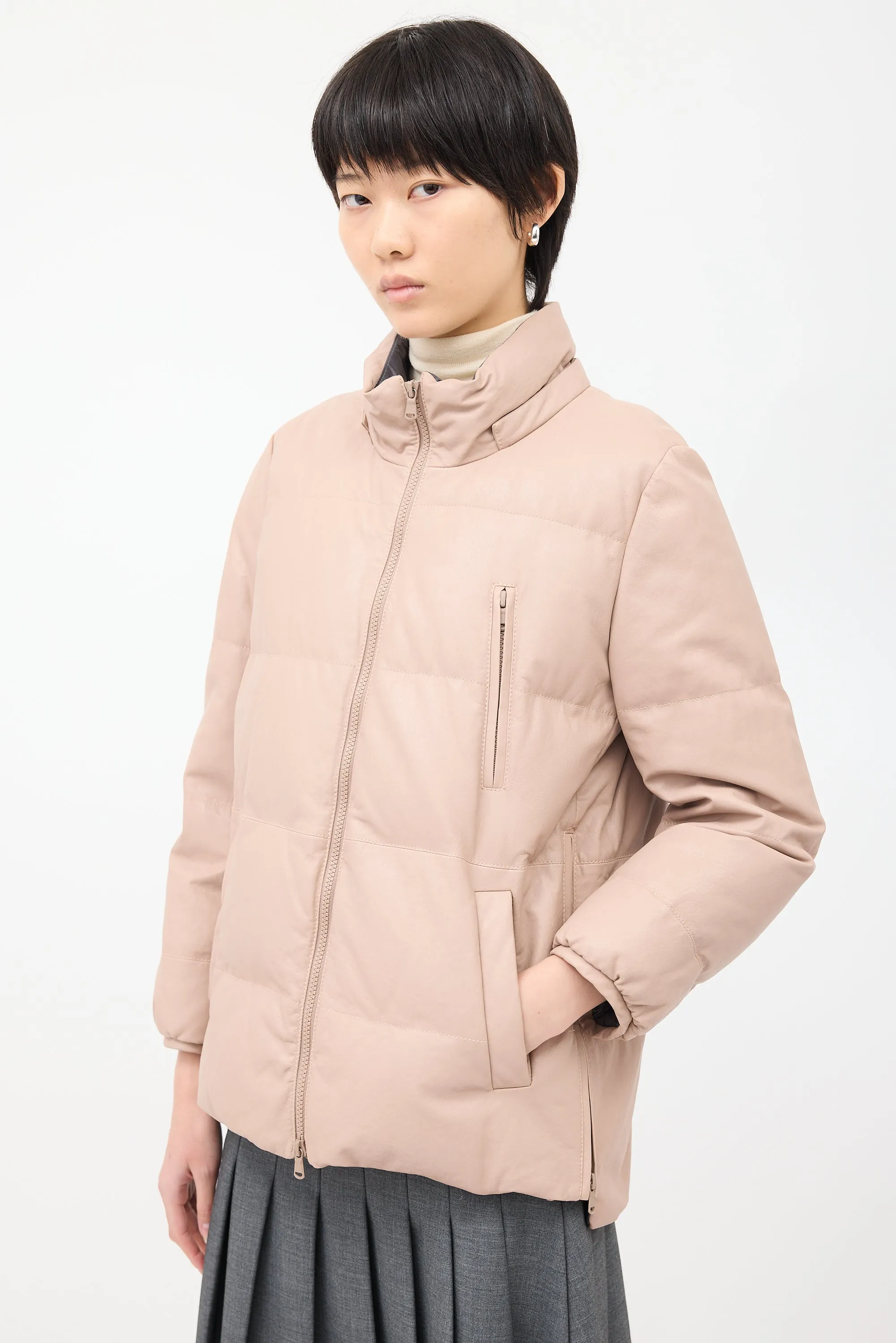 Pink Leather Side Zip Down Puffer Jacket