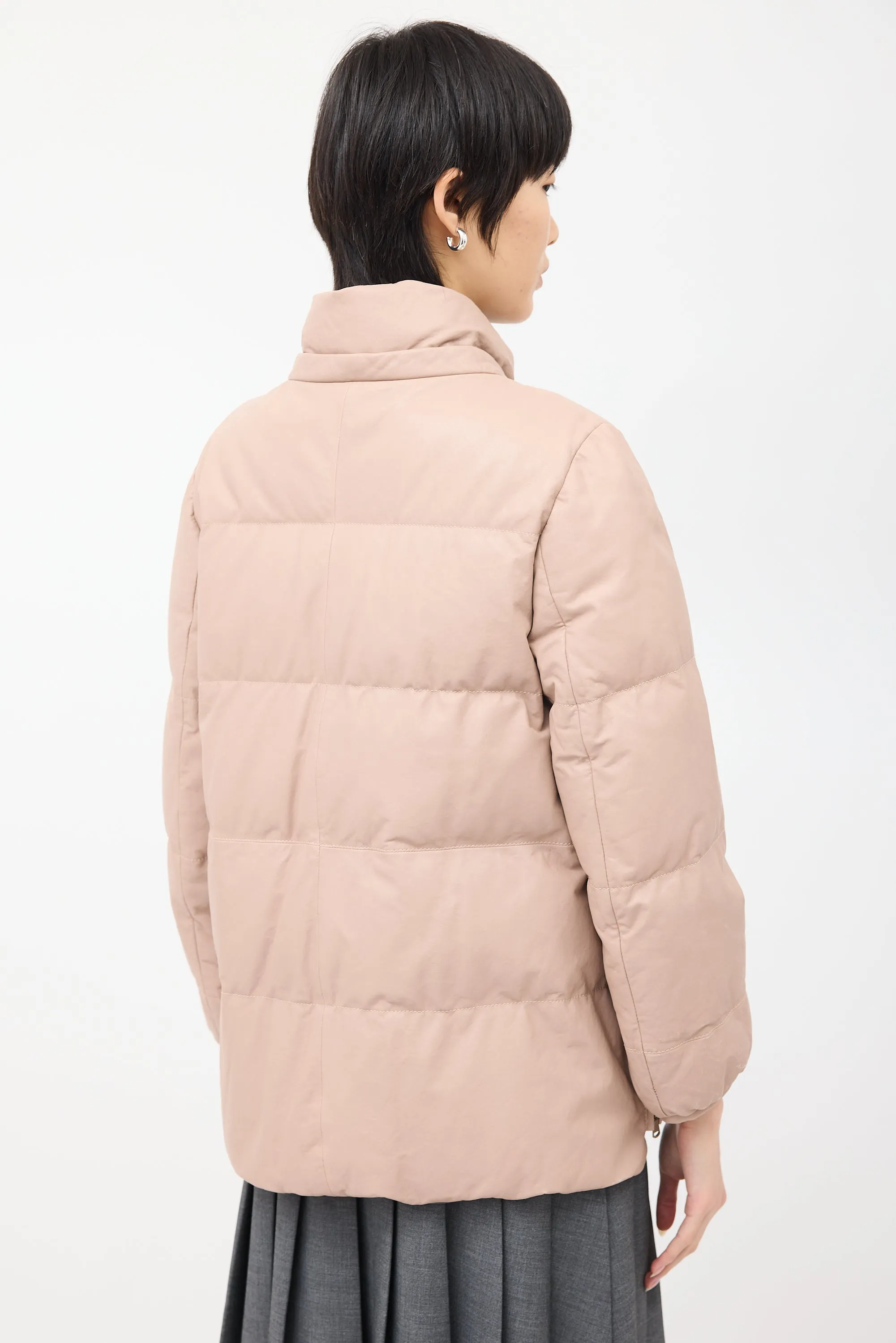 Pink Leather Side Zip Down Puffer Jacket