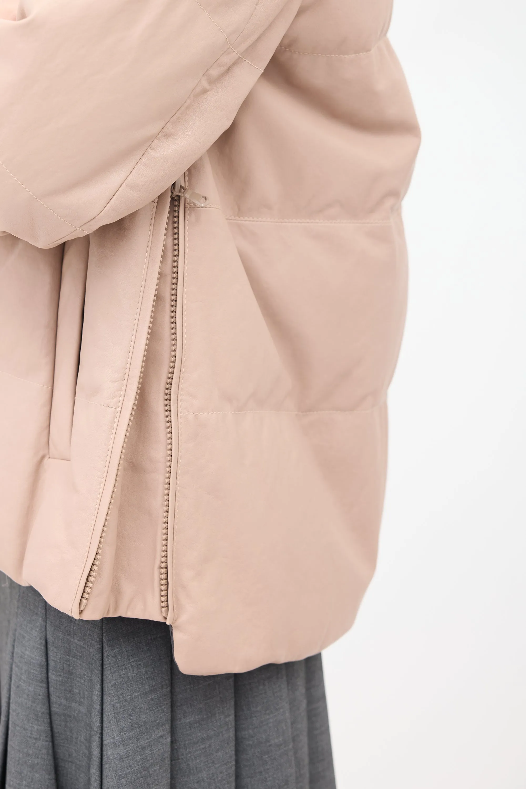 Pink Leather Side Zip Down Puffer Jacket
