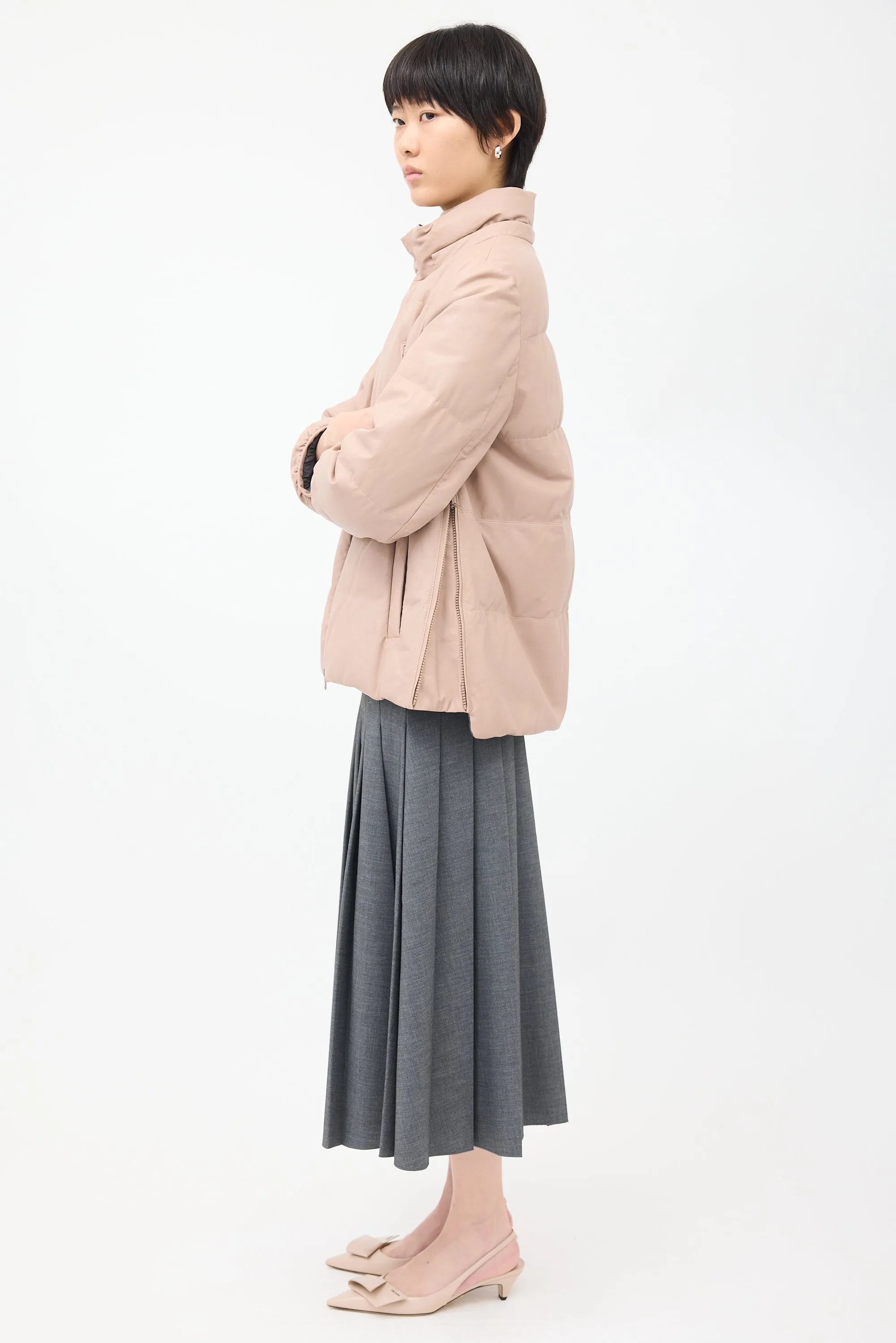 Pink Leather Side Zip Down Puffer Jacket