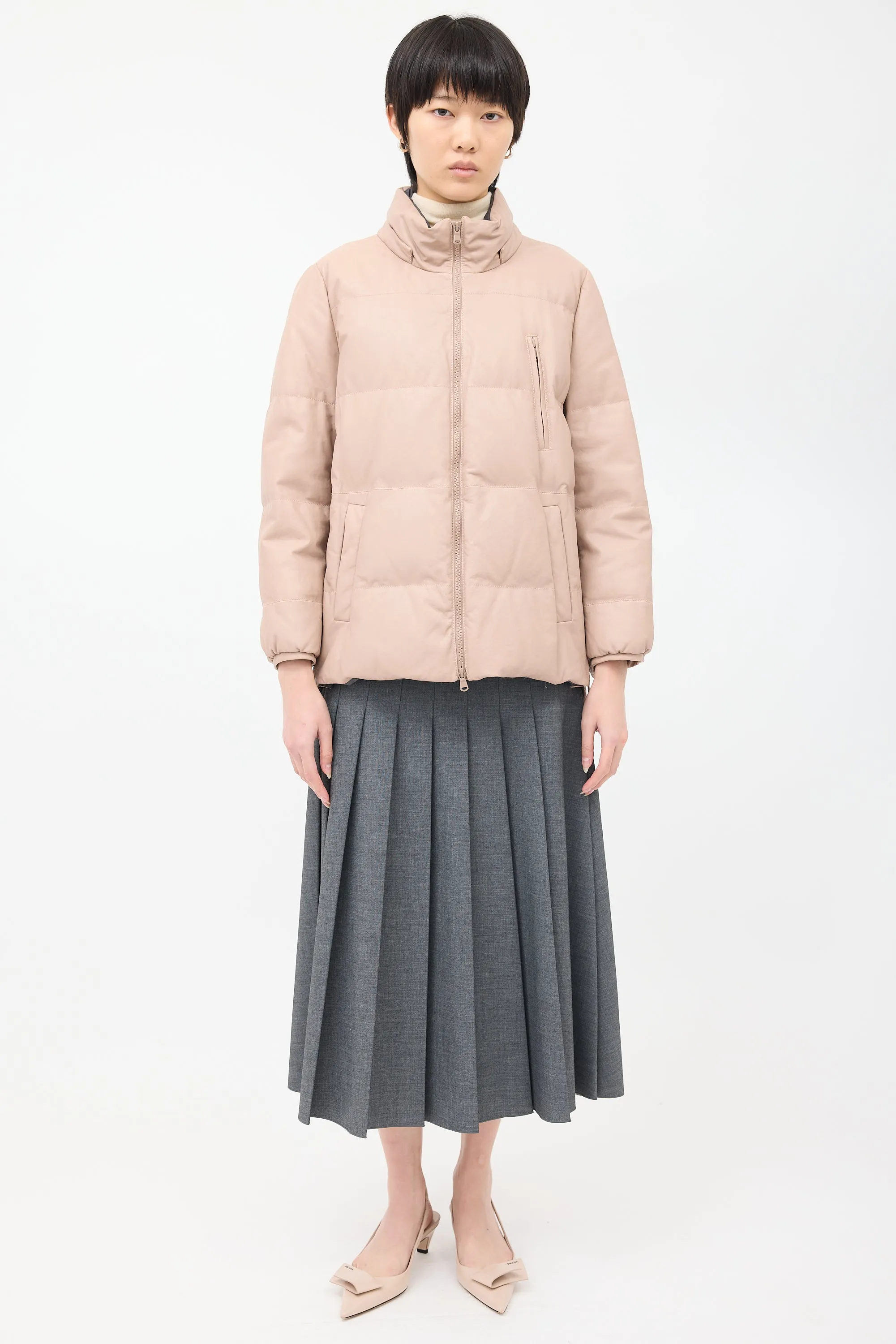 Pink Leather Side Zip Down Puffer Jacket