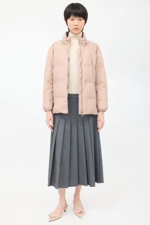 Pink Leather Side Zip Down Puffer Jacket
