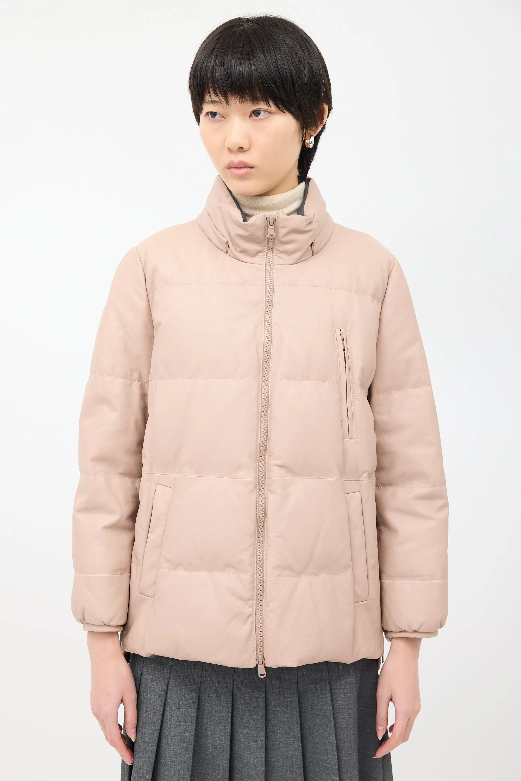 Pink Leather Side Zip Down Puffer Jacket