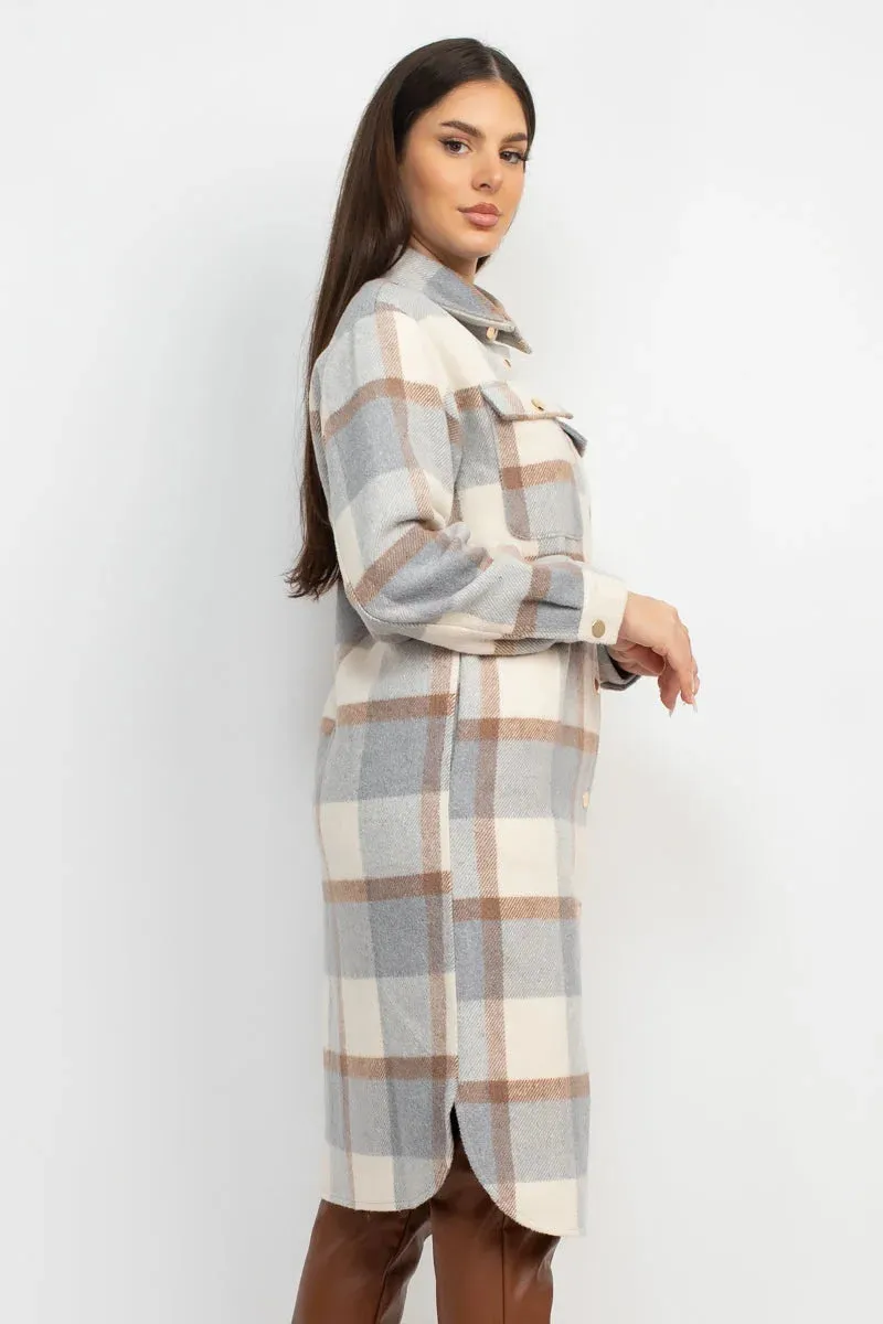 PLAID BUTTONED SHACKET COAT