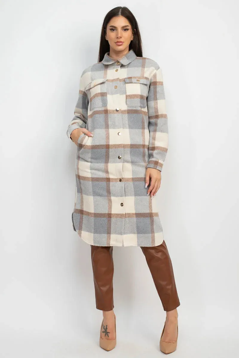 PLAID BUTTONED SHACKET COAT