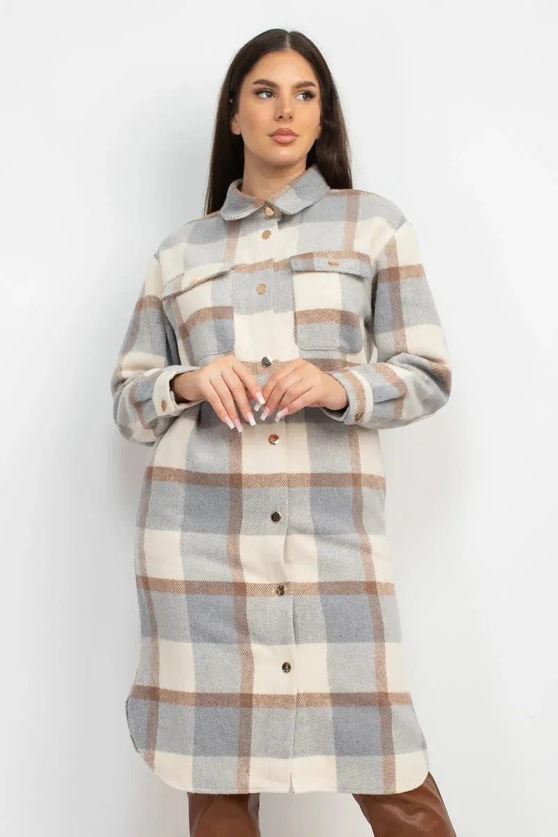 PLAID BUTTONED SHACKET COAT