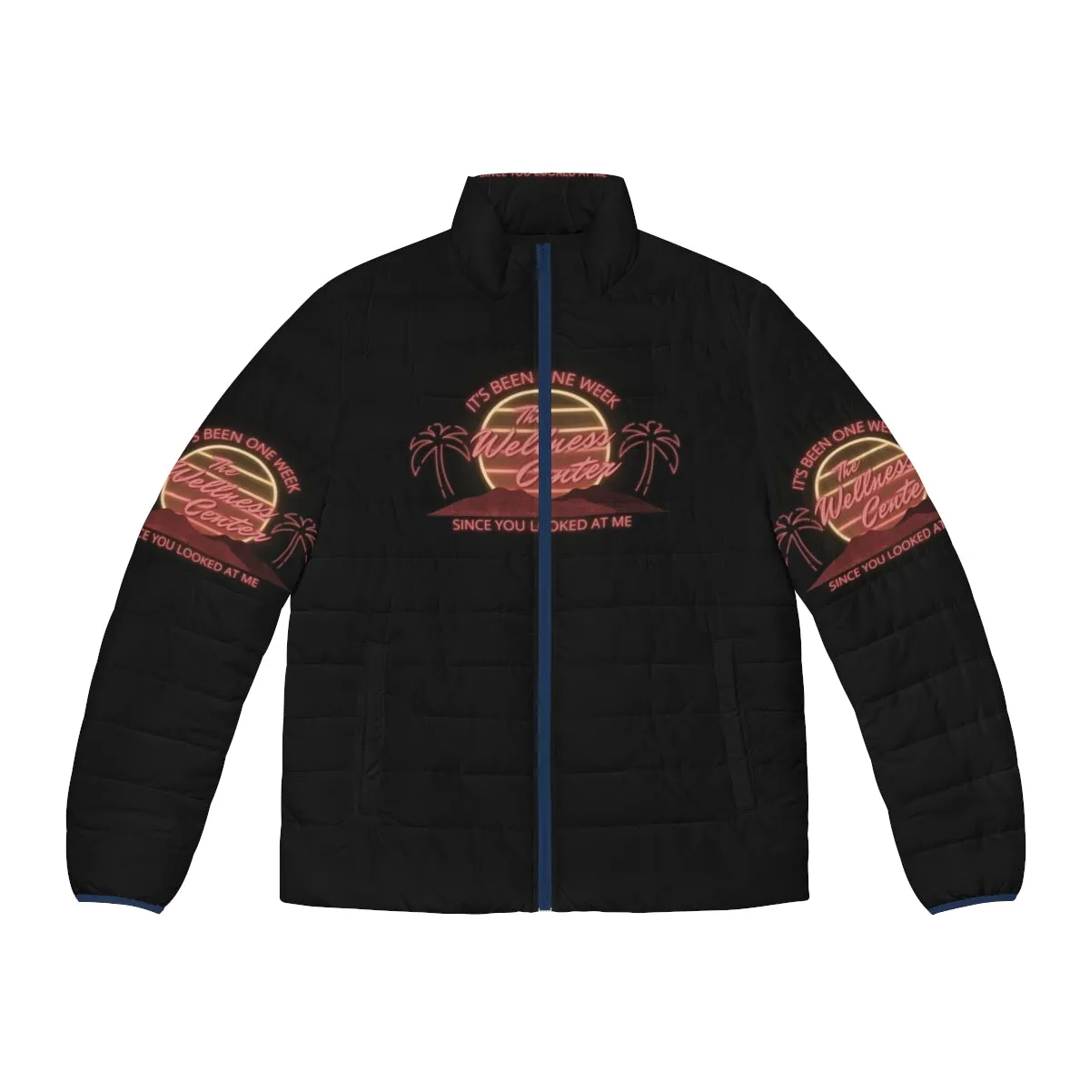 "Cozy 'What We Do in the Shadows' Puffer Jacket with The Wellness Center Logo"
