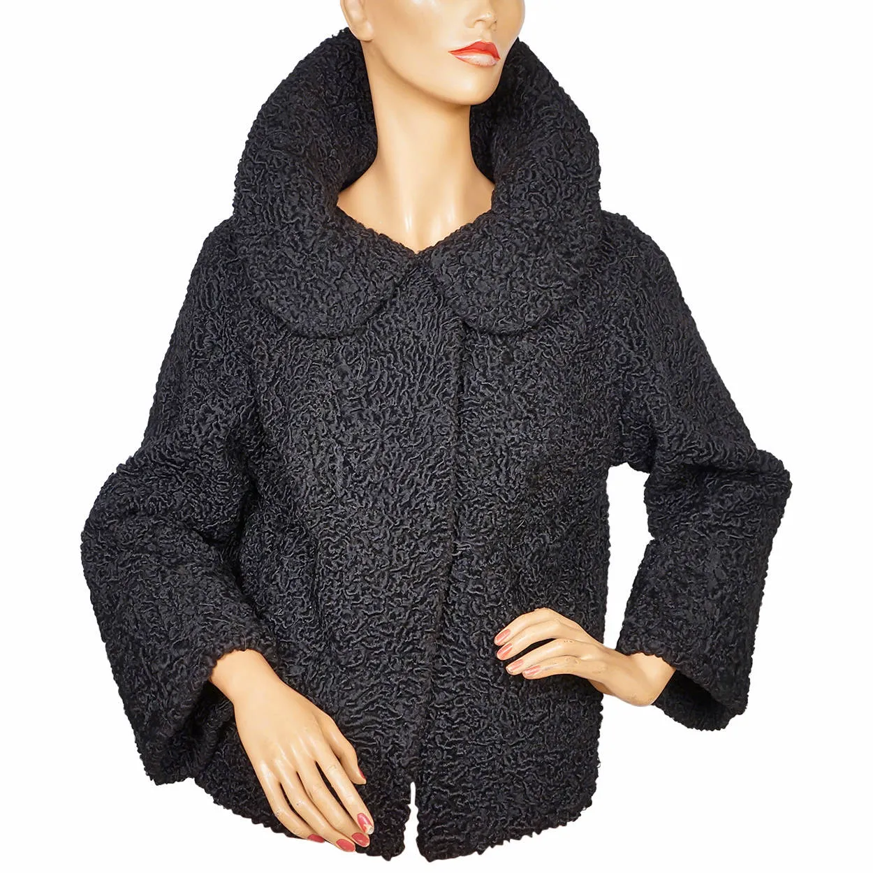 Vintage Schiaparelli Paris Black Curly Lamb Fur Jacket 1950s Glamour