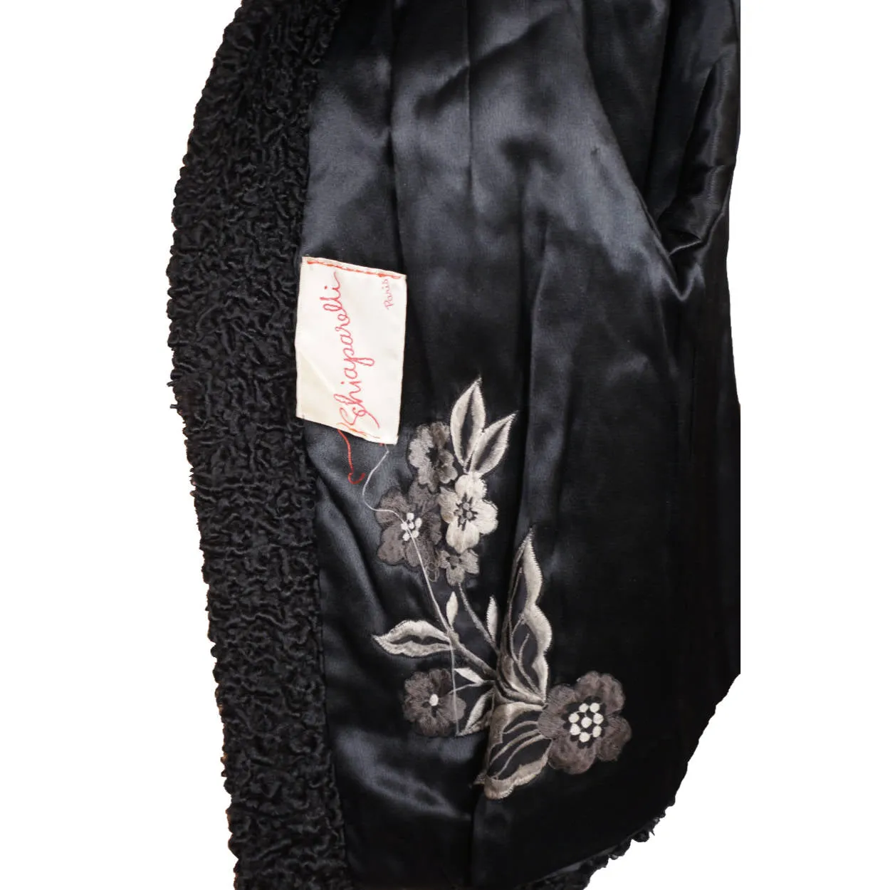 Vintage Schiaparelli Paris Black Curly Lamb Fur Jacket 1950s Glamour