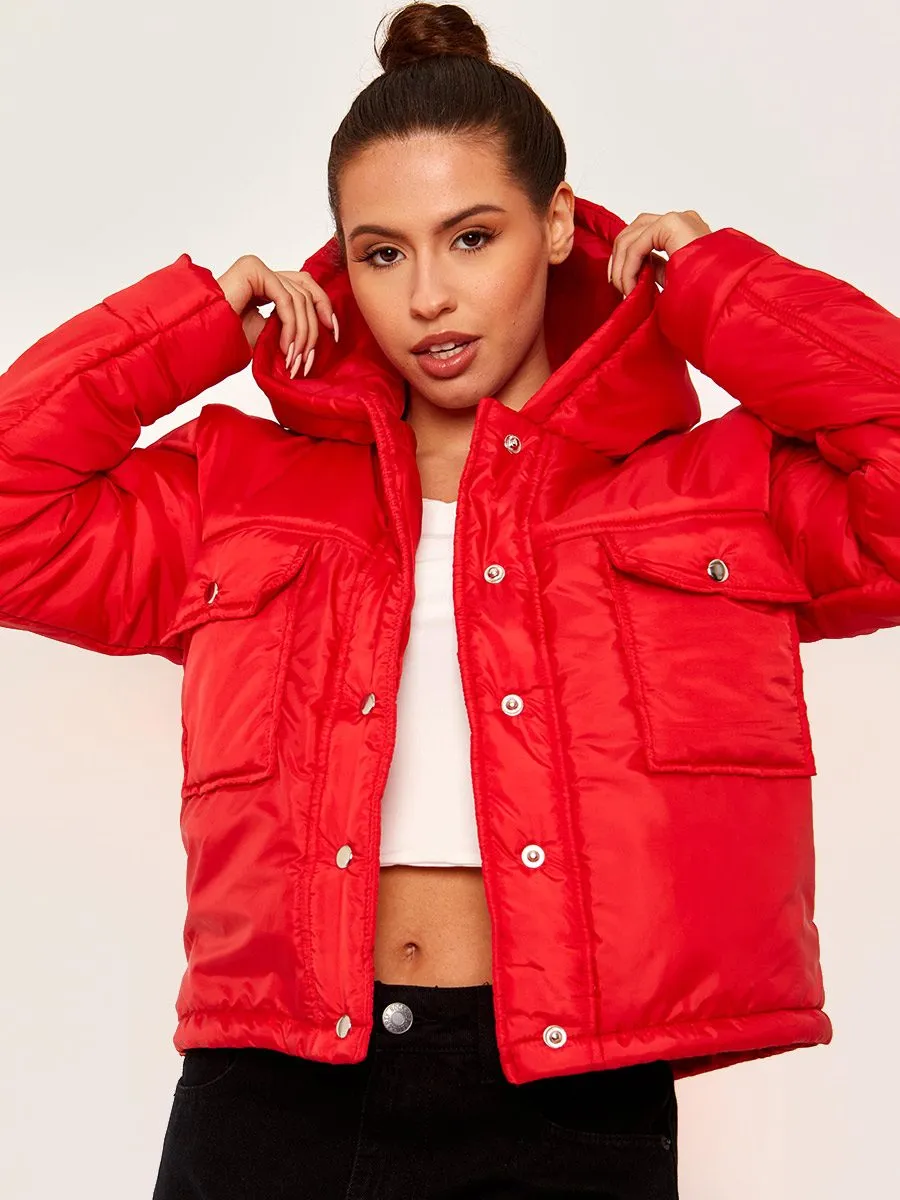 Zarra Hooded Padded Puffer Jacket In Red