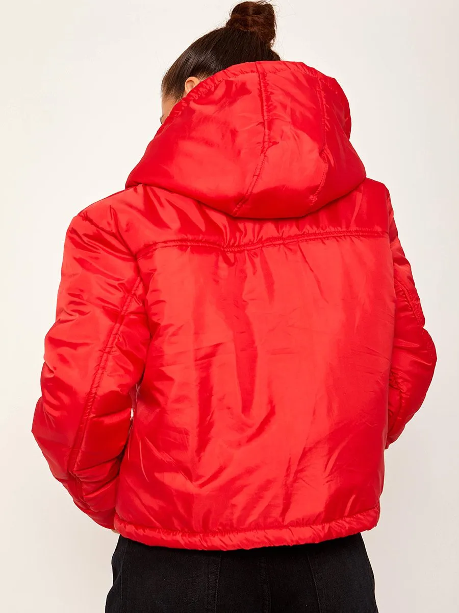 Zarra Hooded Padded Puffer Jacket In Red